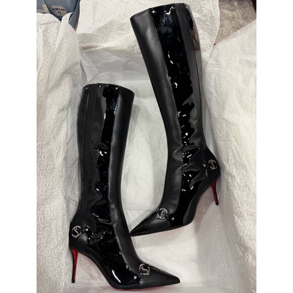 Christian Louboutin CL IN 90S Botta 80 Black Logo Leather Knee High Heel Boot 38 - Picture 4 of 15